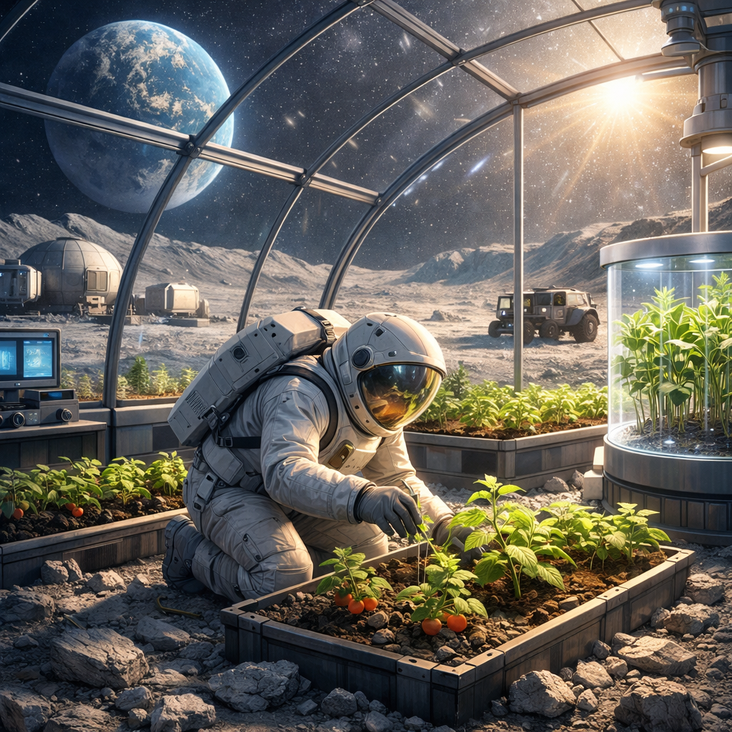astronaut growing plants in space environment 