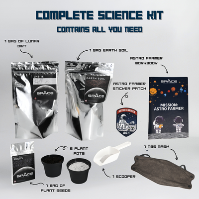 Kids Stem hand on Science kit with lunar dirt, earth soil, plant seeds, pots, and plant the moon challenge
