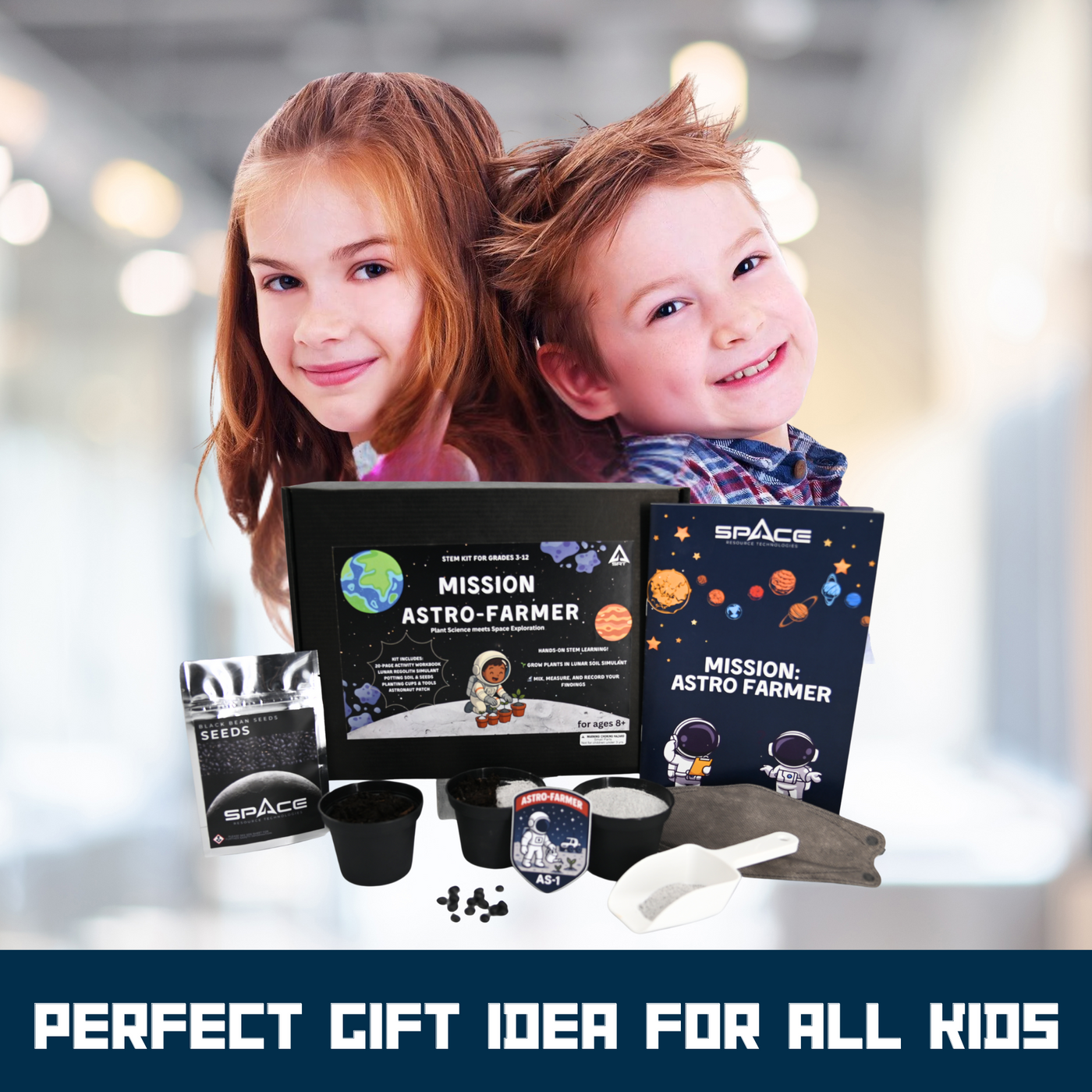 Children with space-themed educational kit gift idea STEM Kit, Science Fair experiment, plant the moon challenge
