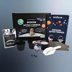 Mission Astro-Farmer educational kit with instruction guide, lunar regolith, earth soil and seeds for a growing experiment, plant the moon challenge