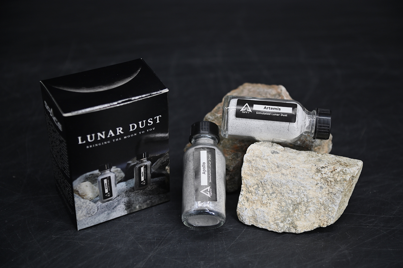 Space Resource Technologies Artemis and Apollo Lunar Regolith Simulant Jars - High Fidelity Moon Soil Analogs - Lunar Highlands (LHS-1) and Lunar Mare (LMS-1)