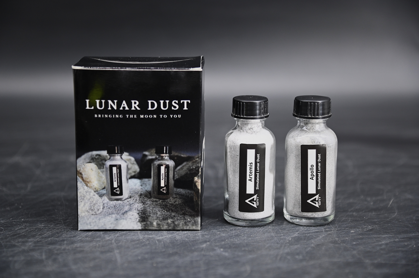 Space Resource Technologies Artemis and Apollo Lunar Regolith Simulant Jars - High Fidelity Moon Soil Analogs - Lunar Highlands (LHS-1) and Lunar Mare (LMS-1)